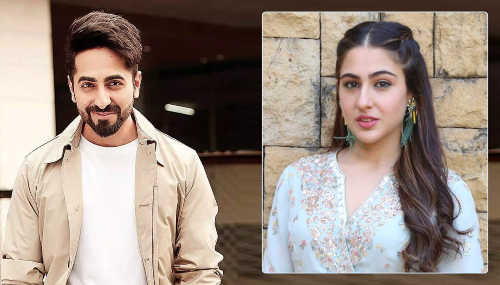 Ayushmann Khurrana and Sara Ali Khan smiling together in a scene from Dharma Productions' latest blockbuster.